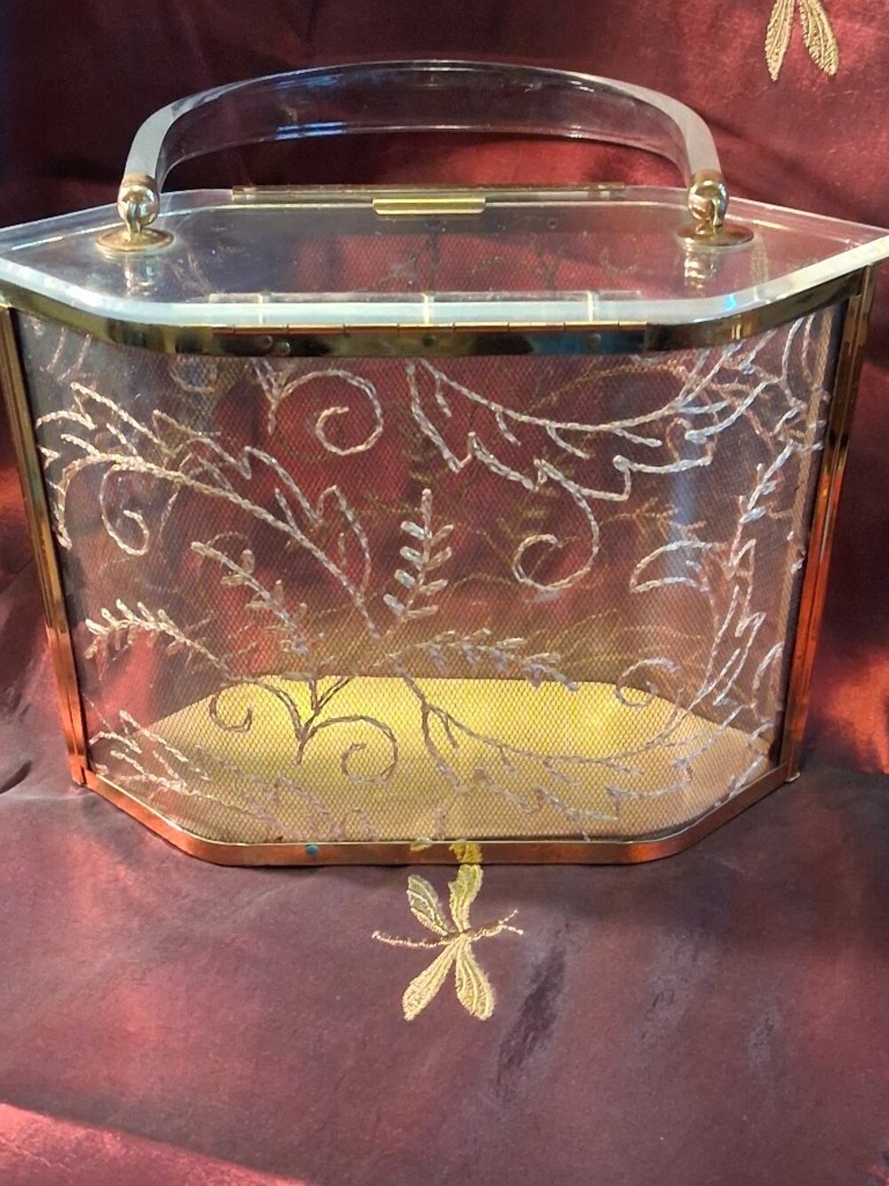 Majestic Clear Lucite Purse with Gold Lace Inserts • Mid‑Century Evening Handbag